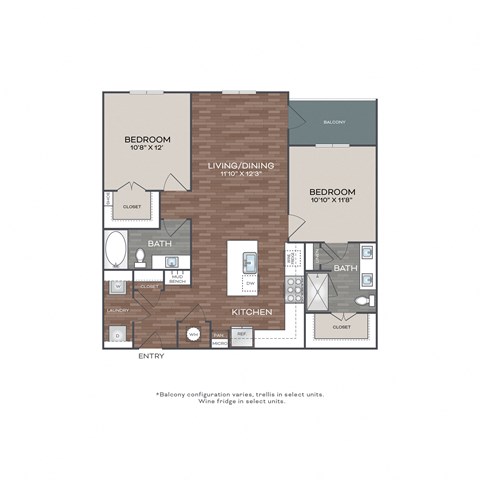 Floor plan for 2 beds, 2 baths, 1089 sqft